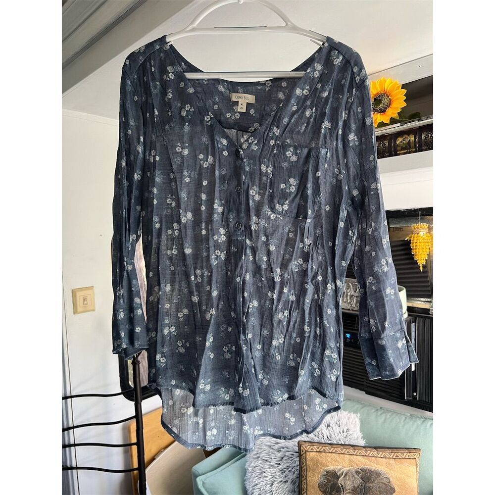 Como Blu Women's XL Floral V-Neck Peasant Blouse Navy Blue 3/4 Sleeve